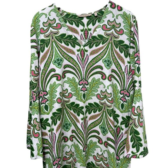 Soft Surroundings Linen Blend Dress Large Pink Green Floral Print Preppy Casual - Picture 9 of 16